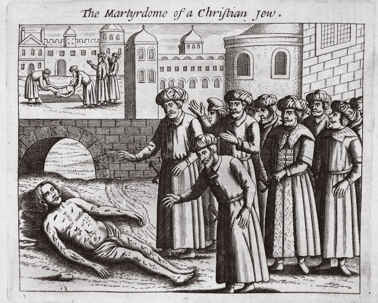Das Martyrium eines christlichen Juden, Illustration aus Acts and Monuments von John Foxe, neunte Ausgabe, veröffentlicht 1684 von English School