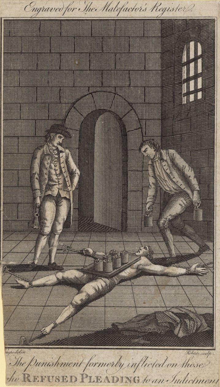 Die Strafe, die früher denen auferlegt wurde, die sich weigerten, auf eine Anklage zu plädieren (Gravur) von English School