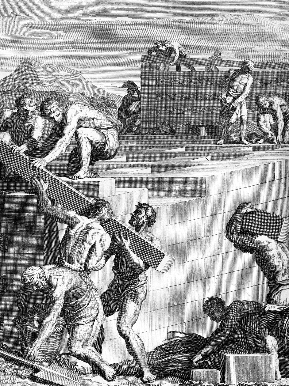 Die Mauern der Städte unter den Galliern sind aus abwechselnden Schichten von Steinen und Balken gebaut, graviert von Cornelis Huyberts, Illustration zu Caesars Commentaries, ins Englische übersetzt von William Duncan von English School