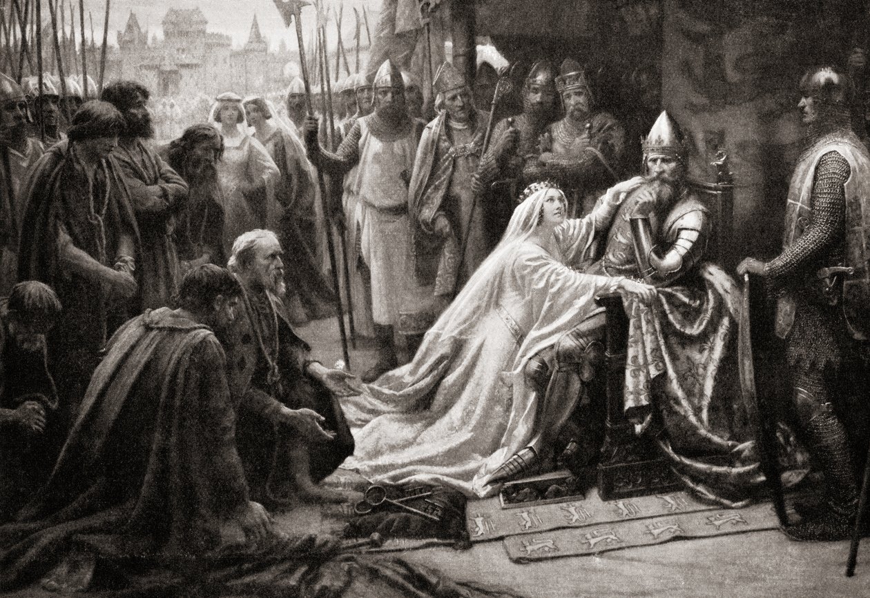 Die Frau von König Edward III., Königin Philippa von Hennegau, bittet ihren Mann, das Leben der sieben Bürger von Calais zu verschonen (Druck) von English School