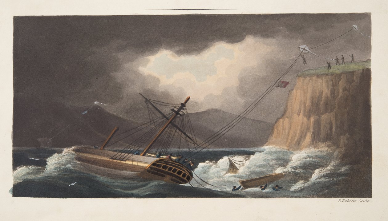 "Versuche unternommen", Milton, Detail aus dem Frontispiz von "Die Aeropleustische Kunst oder Navigation in der Luft durch den Einsatz von Drachen oder Auftriebssegeln, veröffentlicht 1827 (handkolorierte Aquatinta) von English School
