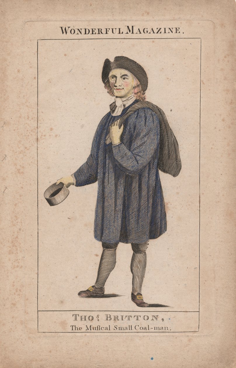 Thomas Britton: Der musikalische Kohlenmann, Illustration aus Wonderful Magazine, ca. 1764 (handkolorierte Gravur) von English School