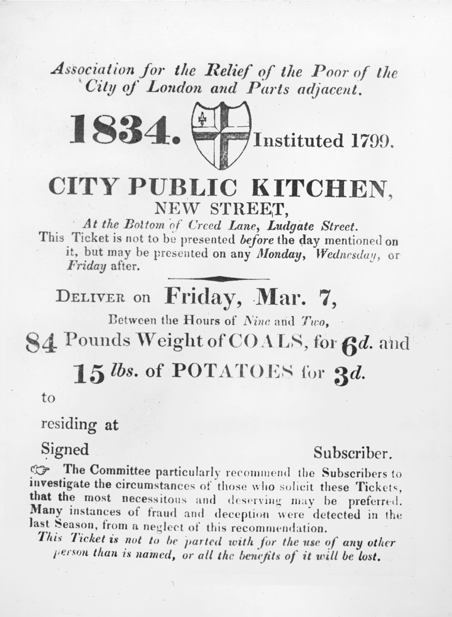 Ticket für Bedürftige zum Erhalt von Kohle und Kartoffeln aus der städtischen Volksküche, New Street, London, 1834 von English School