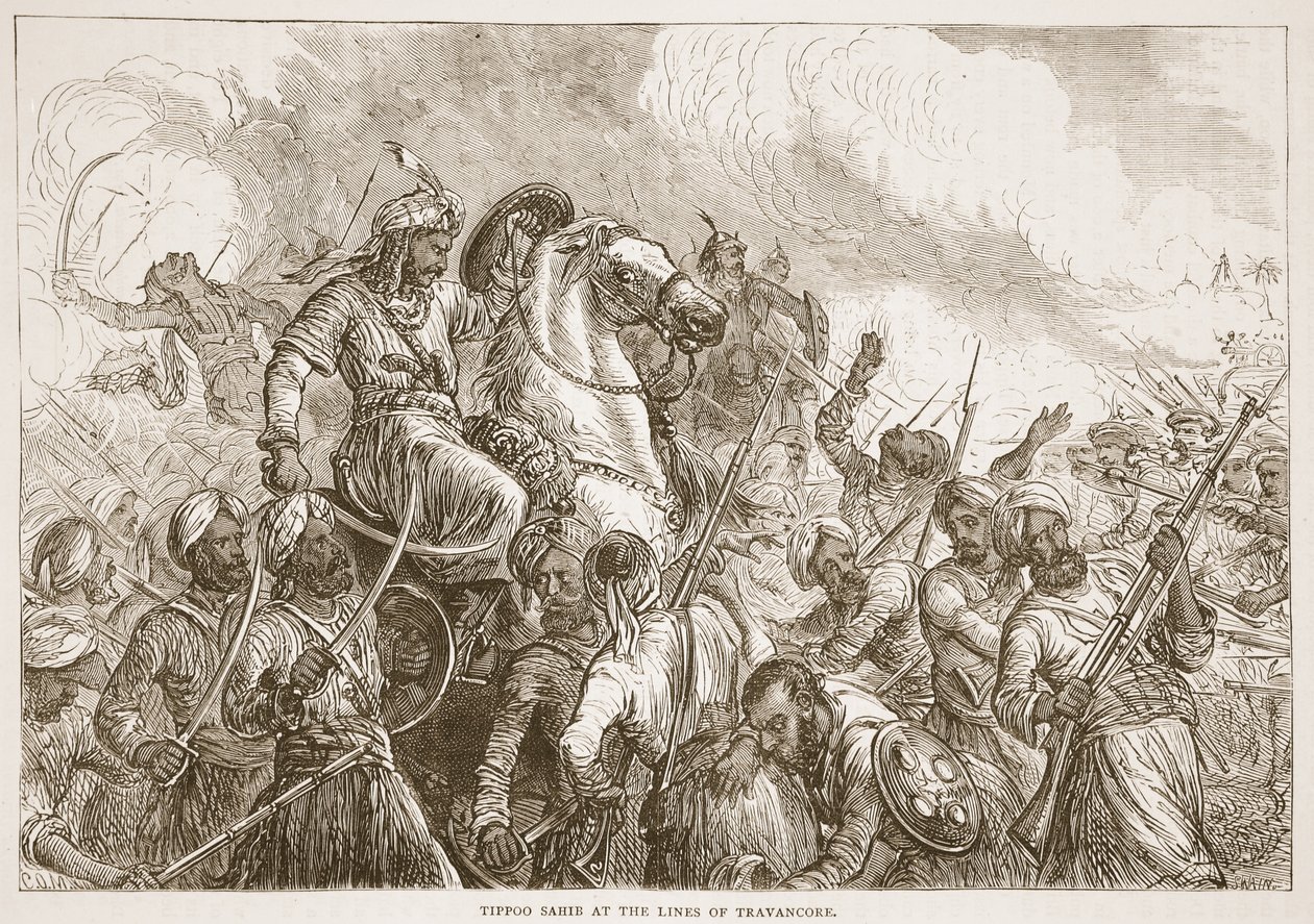 Tippoo Sahib an den Linien von Travancore, Illustration aus Cassells Illustrierter Geschichte Indiens von James Grant, veröffentlicht 1879 von English School