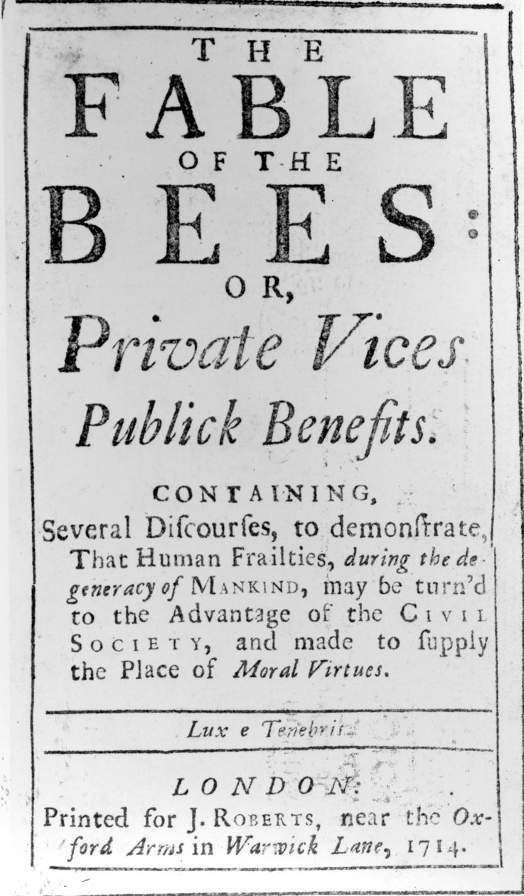 Titelseite für The Fable of the Bees von Bernard de Mandeville, 1714 von English School