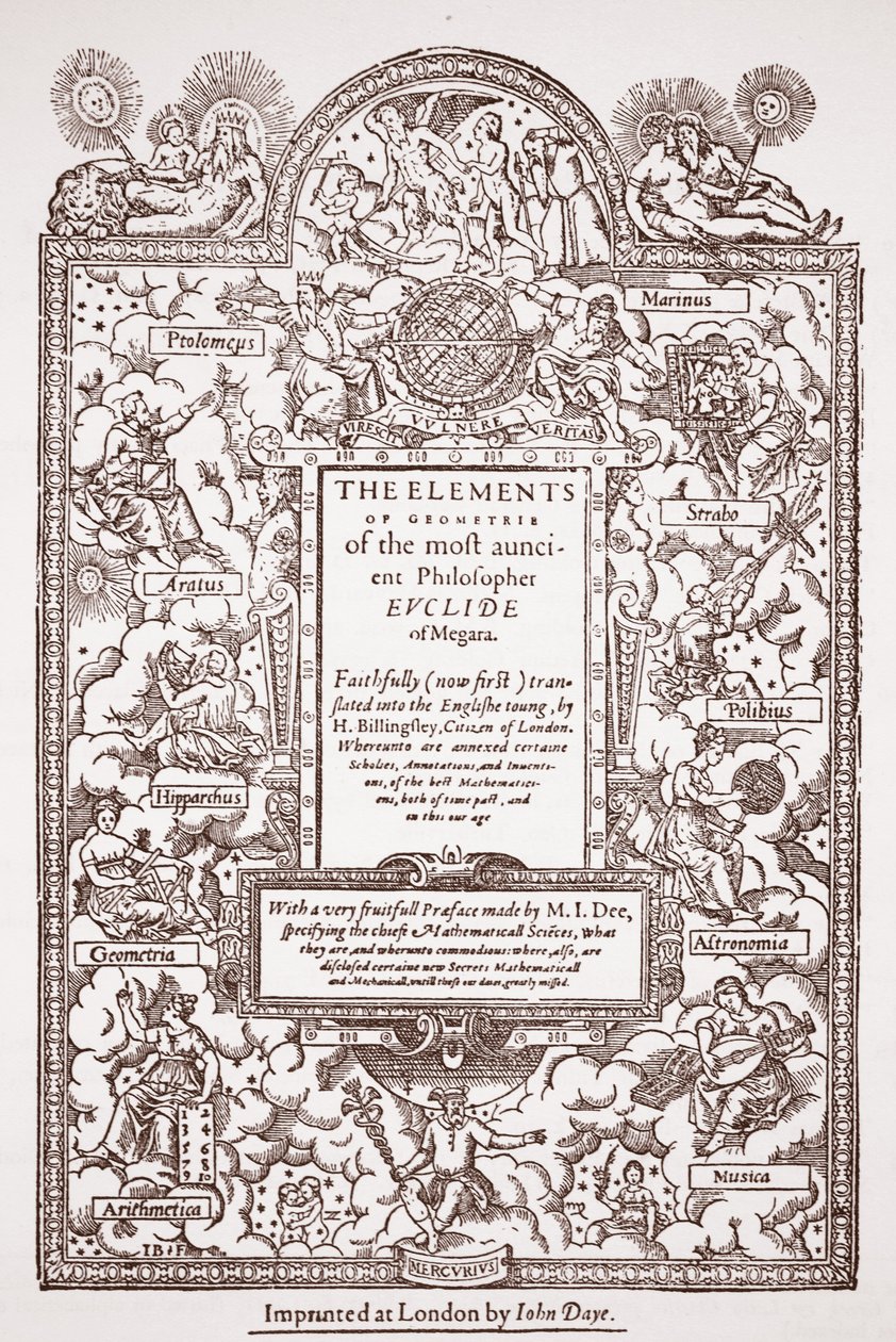 Titelseite der frühen Übersetzung von Euklids Elementen, gedruckt von John Day, London, 1570-71 von English School