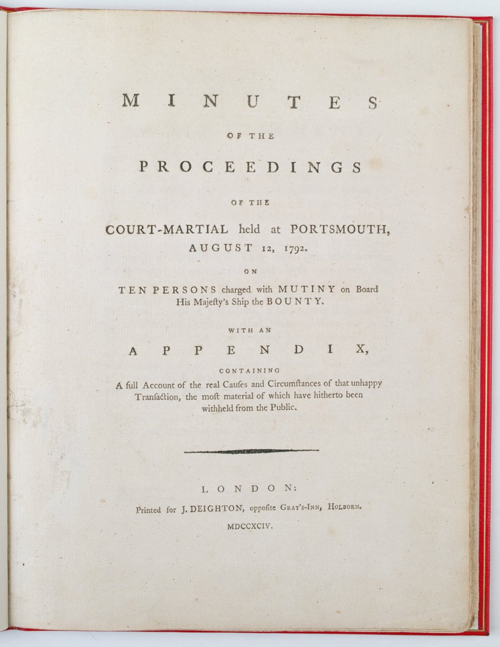 Titelseite der Protokolle des Kriegsgerichtsverfahrens in Portsmouth, 12. August 1792, veröffentlicht in London, 1794 von English School
