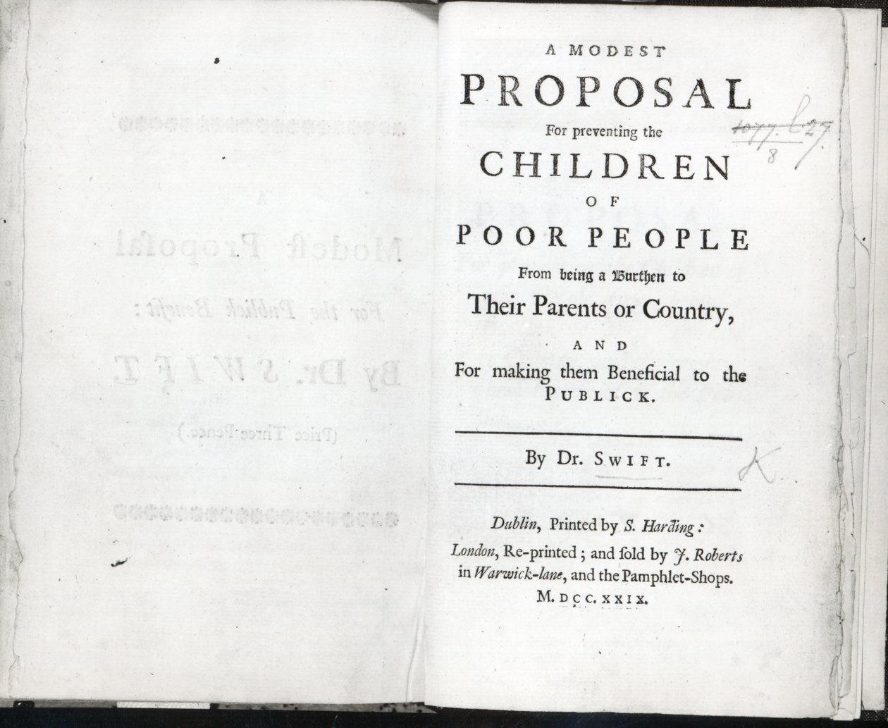 Titelseite zu Ein bescheidener Vorschlag von Jonathan Swift, veröffentlicht 1729 von English School