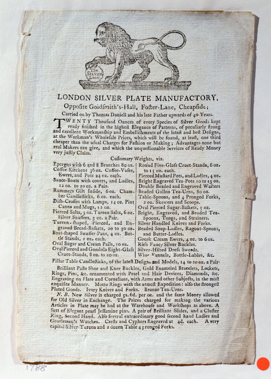 Handelskarte für die London Silver Plate Manufactory, 1788 von English School