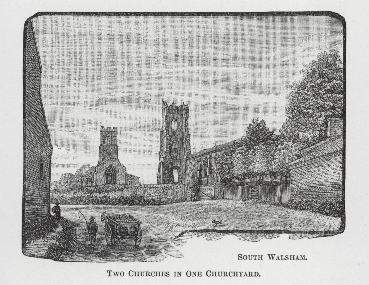 Zwei Kirchen in einem Kirchhof (Gravur) von English School