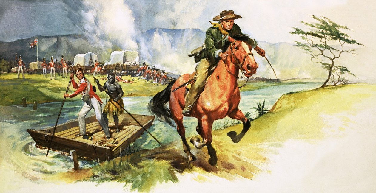 Unbekannter Cowboy reitet vom Fluss weg, während englische Soldaten am anderen Ufer angegriffen werden von English School