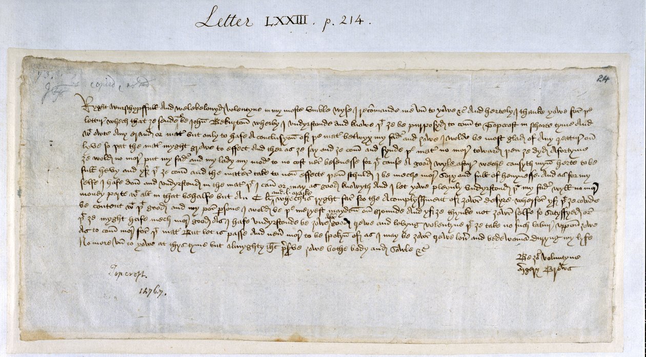 Valentinsbrief von Margery Brews an John Paston III, Februar 1477 von English School