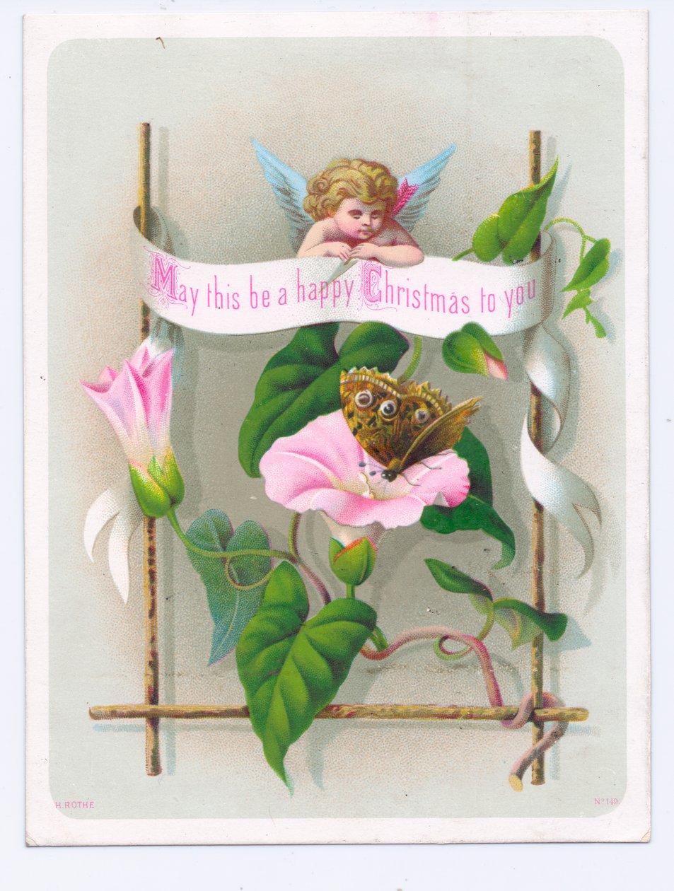 Viktorianische Weihnachtskarte eines Cupids, der einen Schmetterling auf einer rosa Blume betrachtet, ca. 1880 von English School