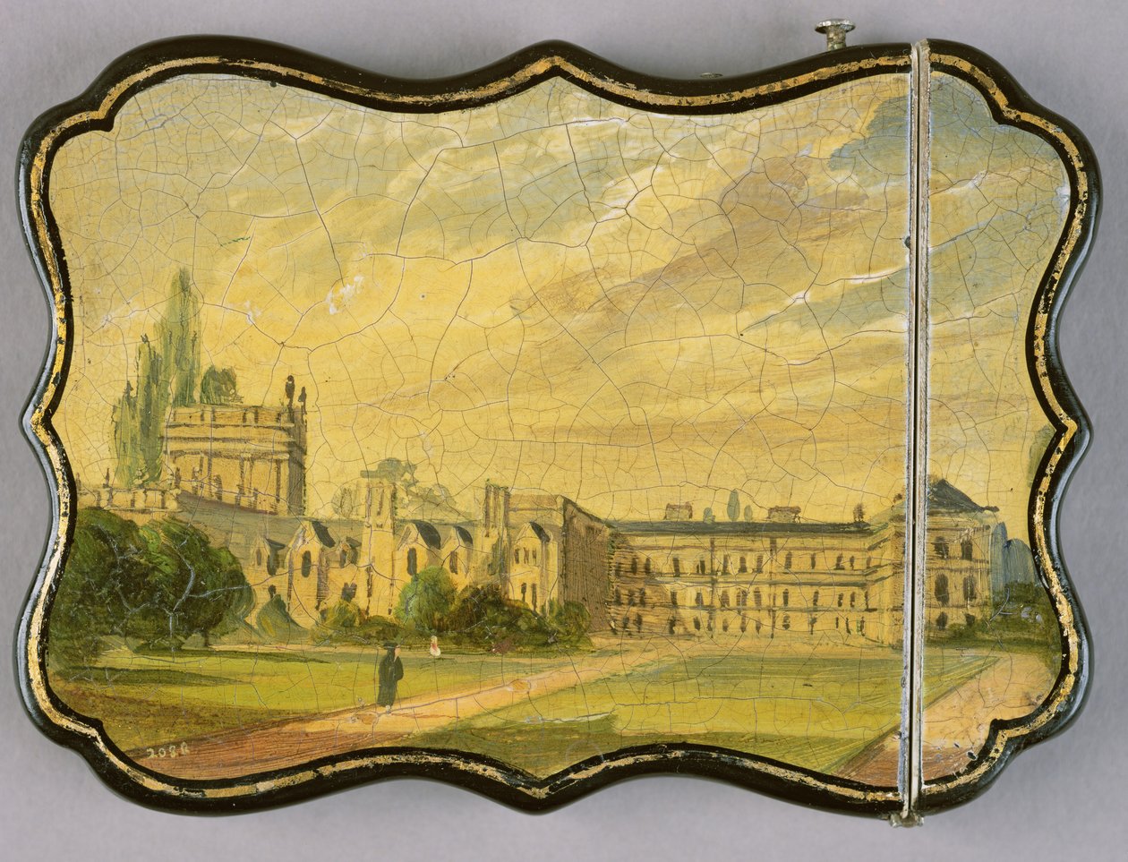 Viktorianisches Kartenetui, mit einer Szene der Trinity College Gardens, Oxford von English School