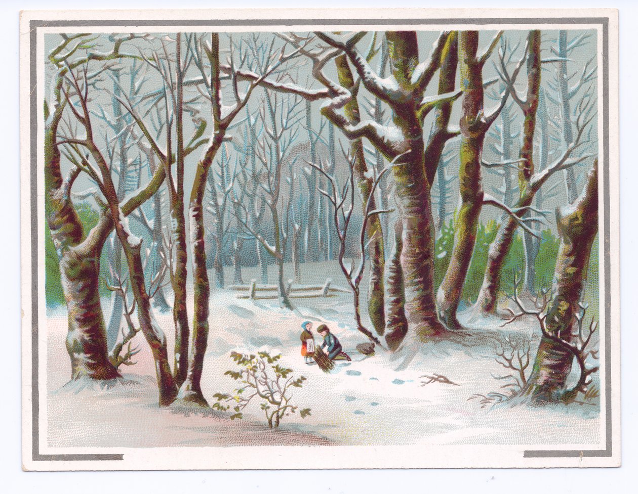 Viktorianische Grußkarte mit zwei Kindern, die im Schnee Zweige sammeln, ca. 1880 von English School