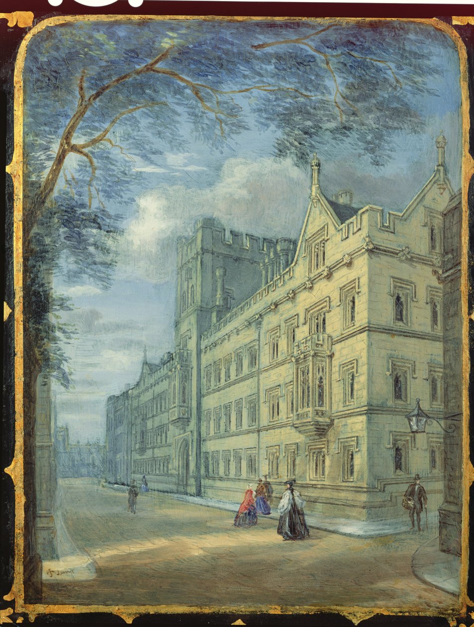 Viktorianisches Nähschrankpanel dekoriert mit einer Szene des Exeter College, Oxford von English School
