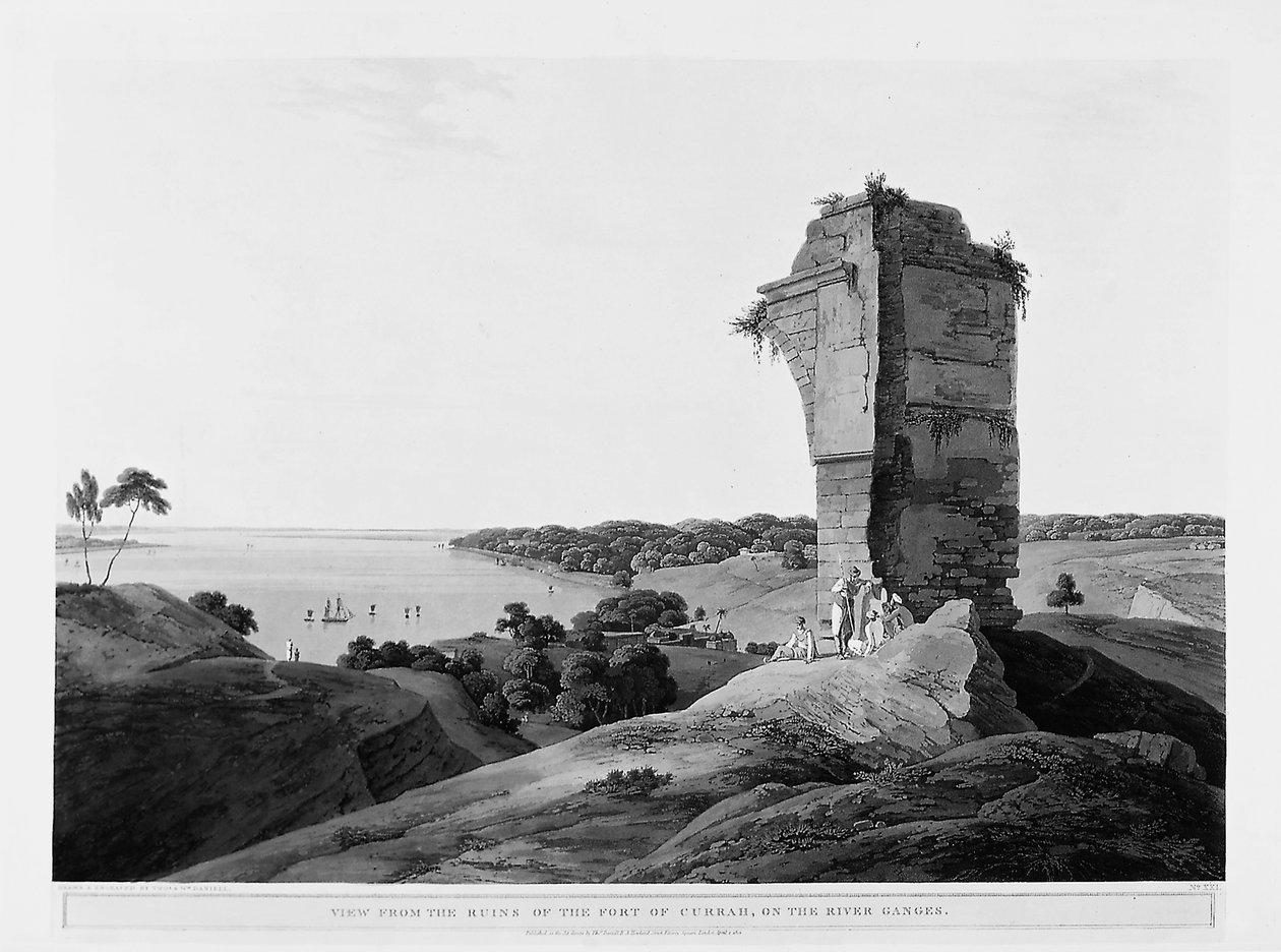 Ansicht von den Ruinen des Forts von Currah am Fluss Ganges, April von English School