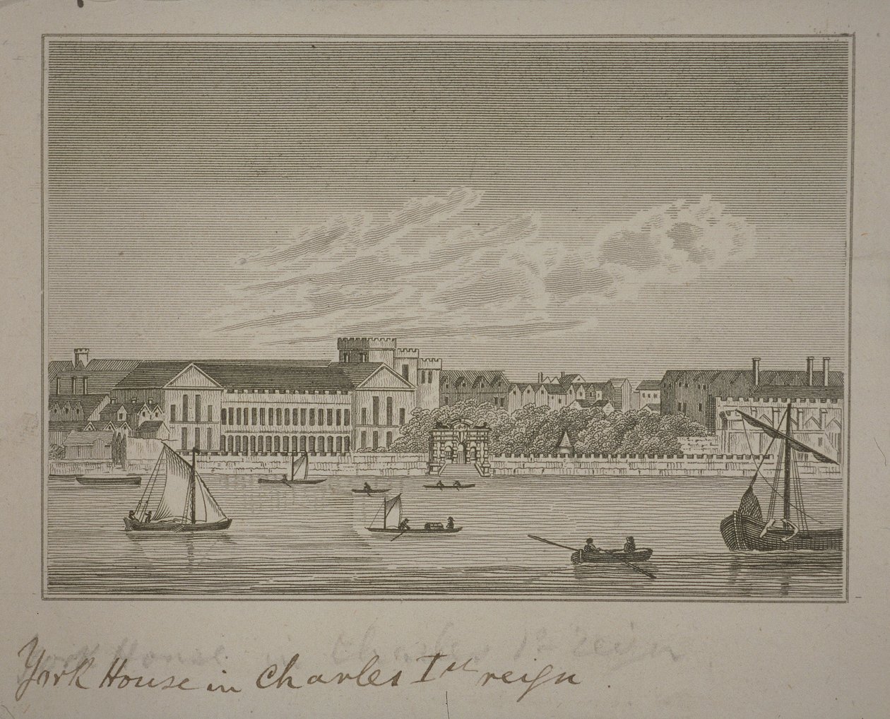 Blick nach Norden über die Themse, Blick auf York House und York Buildings von English School