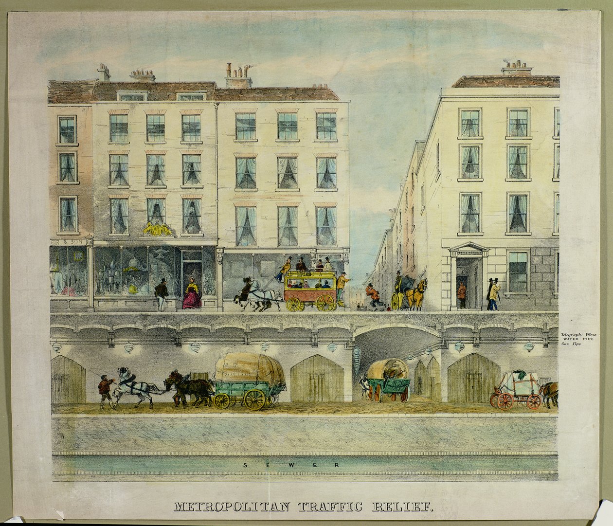 Ansicht einer Londoner Straße mit vorgeschlagenem Tunnel darunter zur Verkehrsentlastung, um 1850 von English School