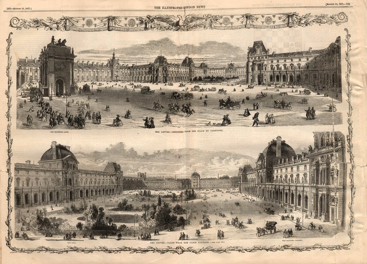 Ansichten des Cour Carrée du Louvre in Paris. Gravur in „The Illustrated London News“ vom 15. August 1857. von English School