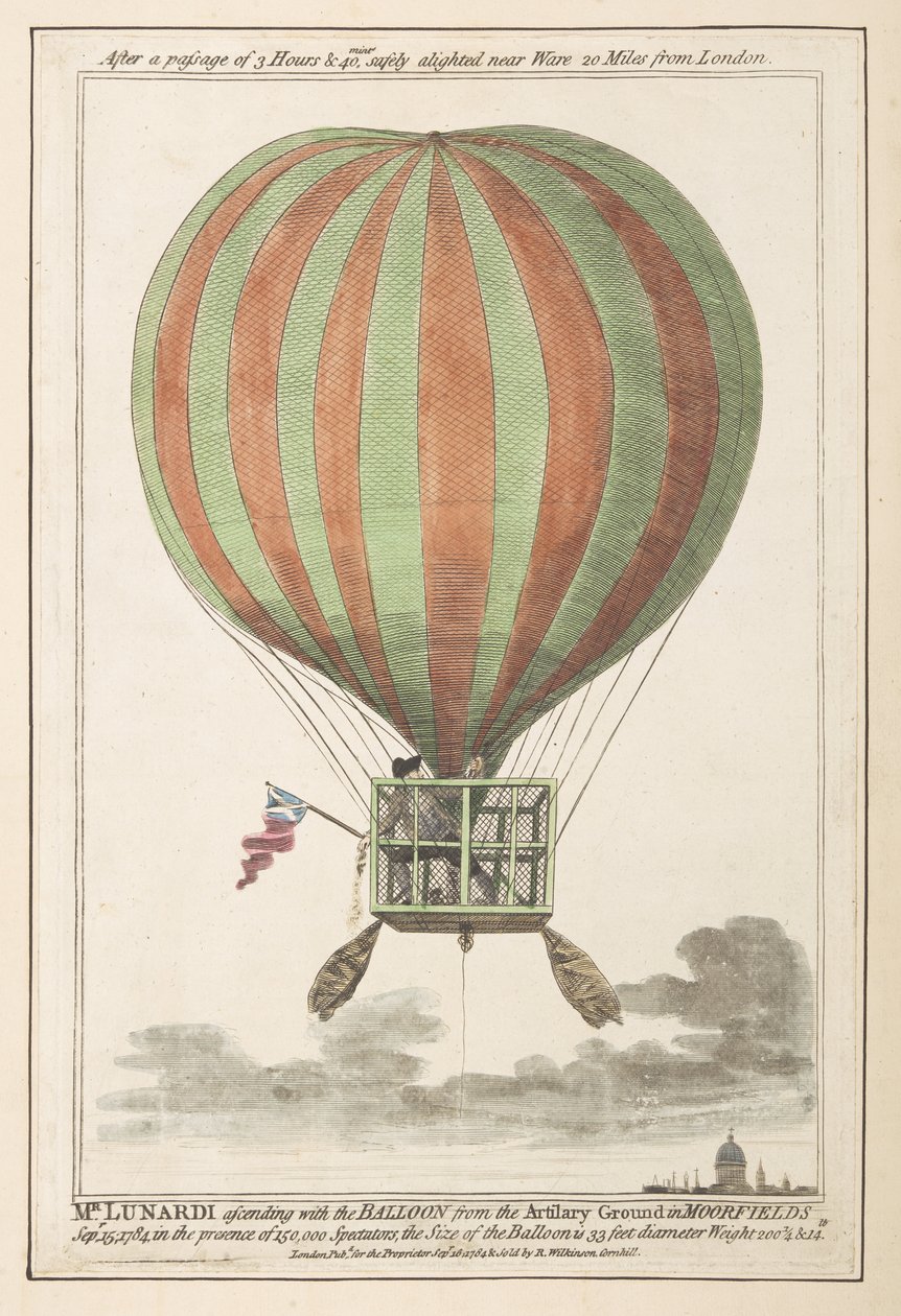 Vincent Lunardi in der Luft nach seinem Aufstieg von Moorfields, September 1784 von English School