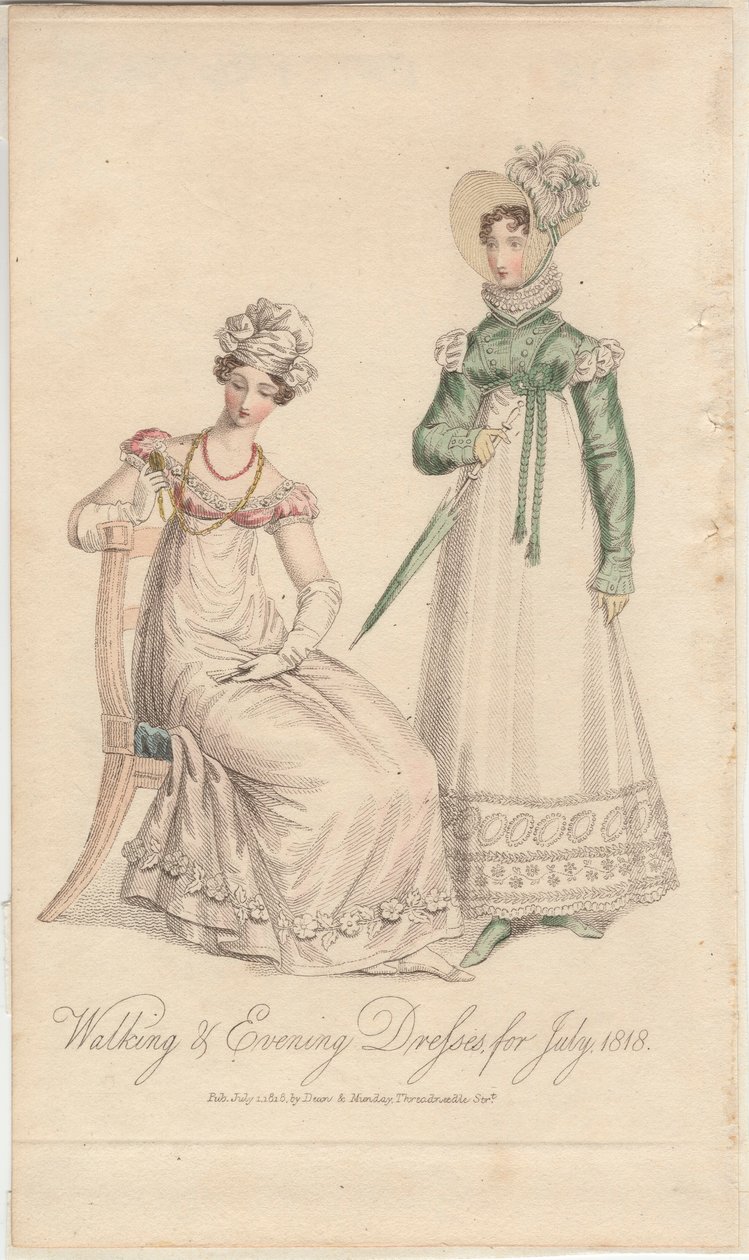 Spazier- und Abendkleider für Juli 1818, veröffentlicht von Dean & Munday von English School
