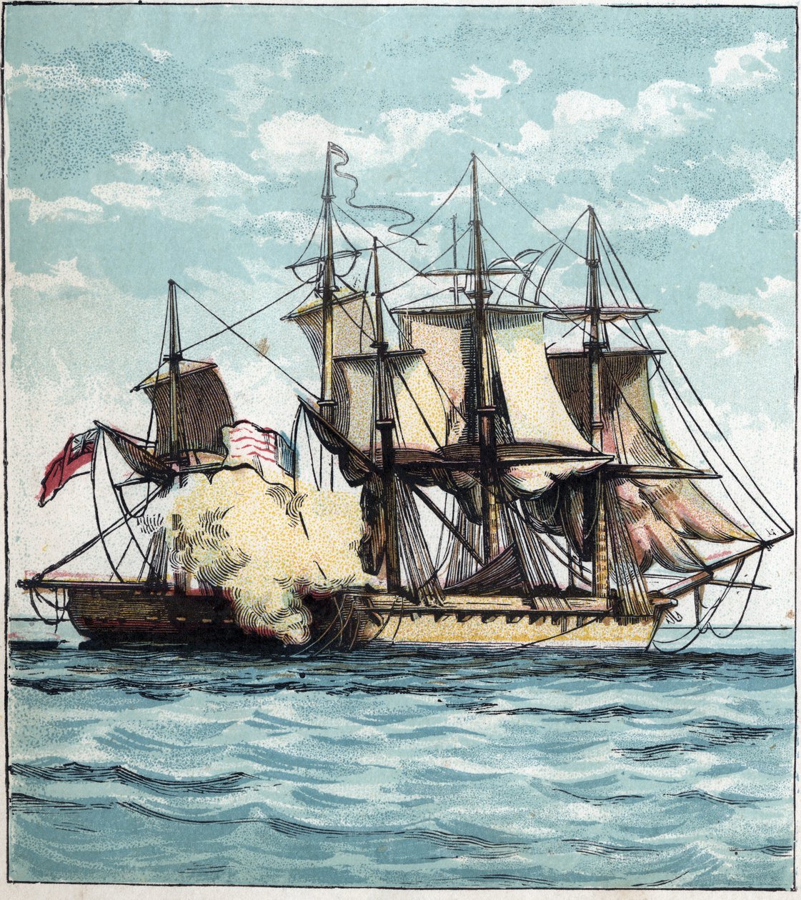 Krieg von 1812 zwischen den Vereinigten Staaten und Großbritannien: die Fregatte Chesapeake während der Seeschlacht gegen die britische Fregatte „Shannon“ am 01.06.1813 vor Boston. 