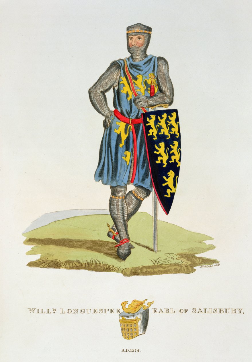 William de Longuespee, 3. Earl of Salisbury (gest. 1226) 1224, graviert von W. Maddocks, aus Ancient Armour von Samuel Rush Meyrick, 1824 von English School