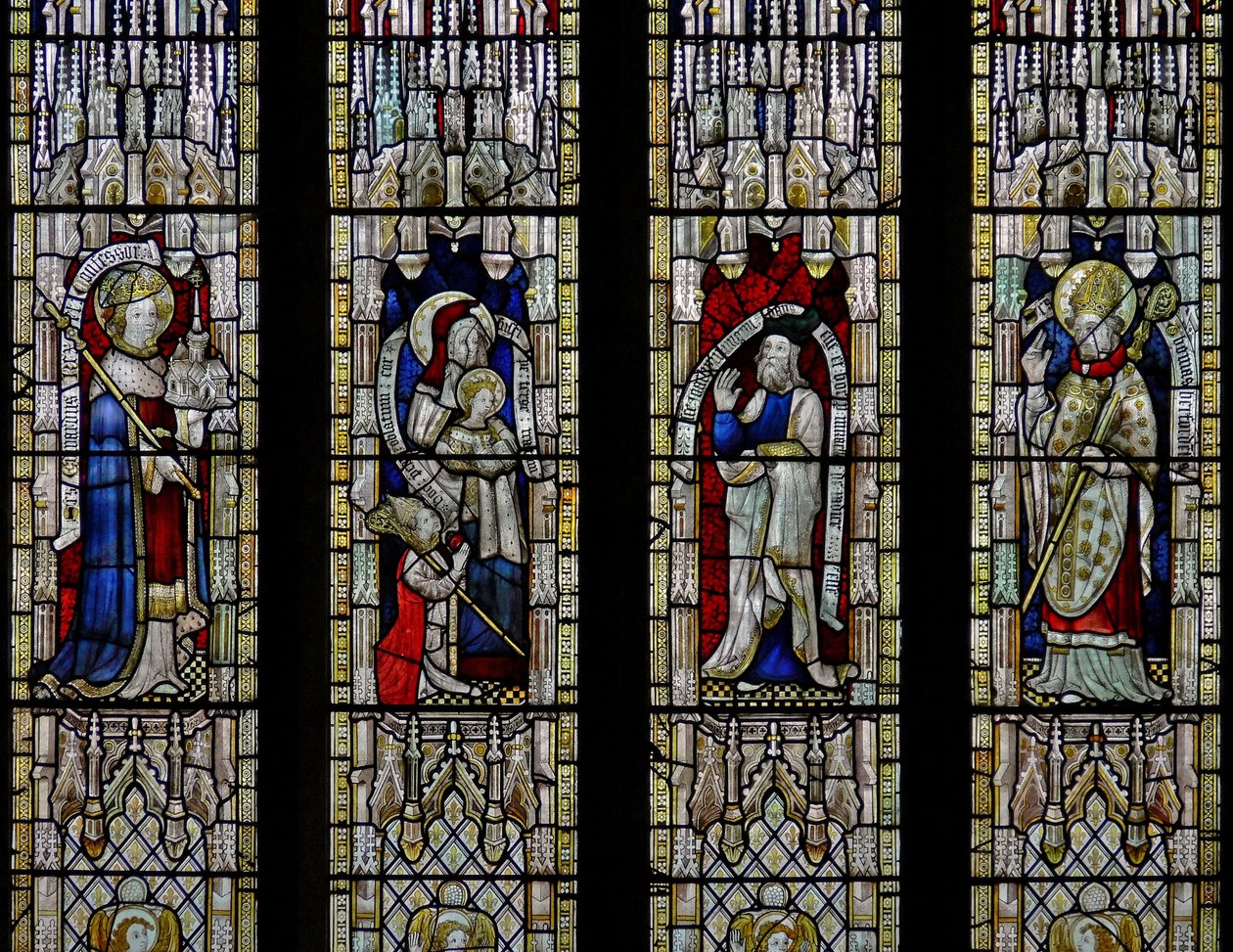 Fenster Ew, den Heiligen Ethelbert, die Heilige Anna und die Jungfrau, Joachim, St. Thomas von Hereford darstellend von English School