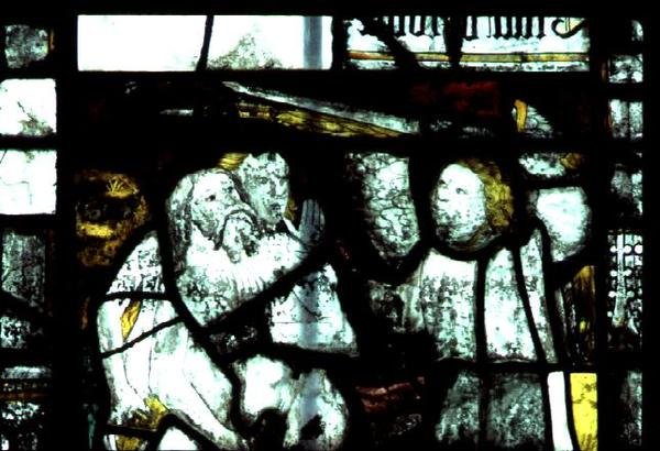 Fenster mit Darstellung von Adam und Eva, die aus dem Garten Eden vertrieben werden, Mitte des 15. Jahrhunderts von English School