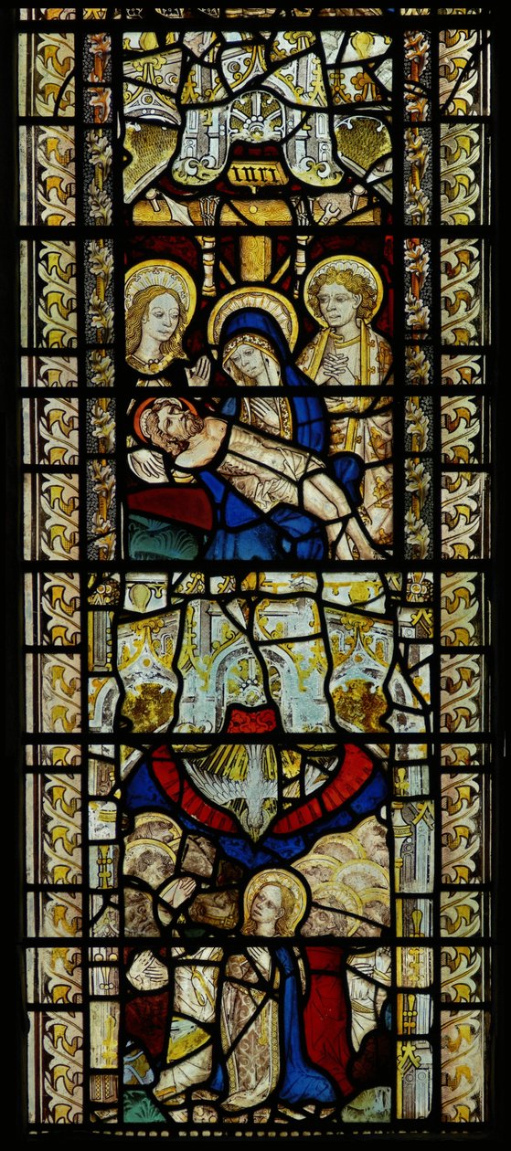Fenster, das die Pietà und Pfingsten darstellt von English School