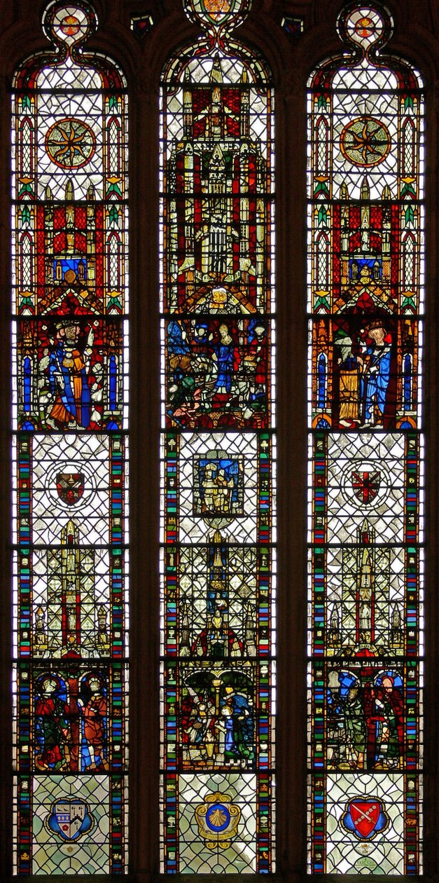 Fenster w31 mit einem Kompositfenster mit St. Edmund, St. William, St. Georg, Verkündigung, Anbetung der Weisen von English School