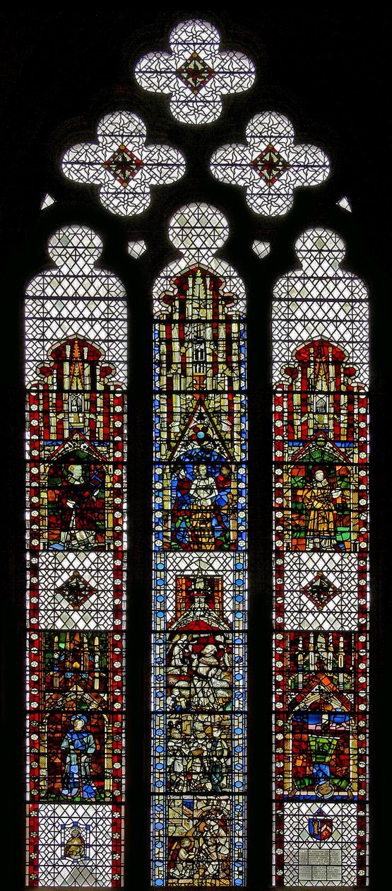 Fenster w32, Darstellung von St. Georg, St. Laurentius, St. Stephanus, St. Cuthbert, St. Peter, St. Anna, St. Joachim von English School