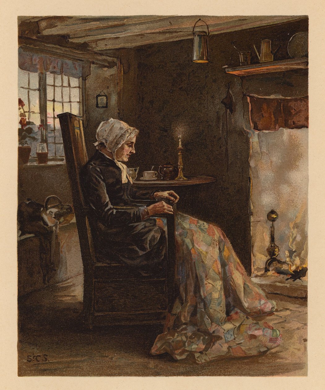 Frau näht eine Patchworkdecke von English School