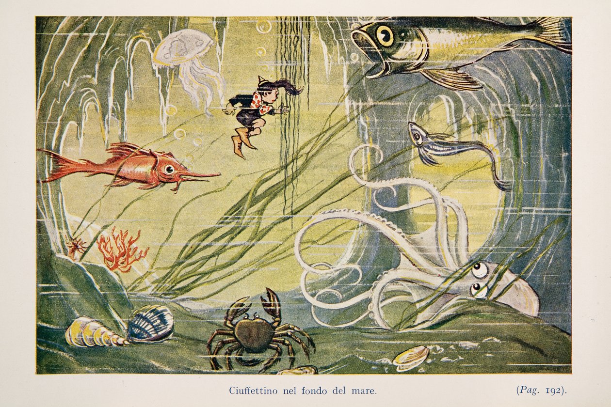 Ciuffettino auf dem Meeresgrund, Illustration aus Le Avventure di Ciuffettino von Enrico de Conti Novelli