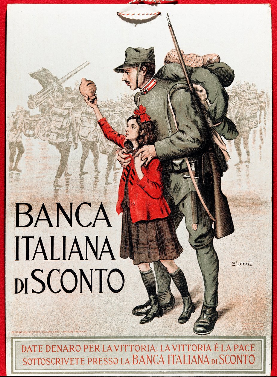 Erster Weltkrieg: Italienisches Plakat zur Förderung eines nationalen Kredits, Darstellung eines Soldaten mit einem kleinen Mädchen, das ihm seine Lira anbietet von Enrico della Lionne