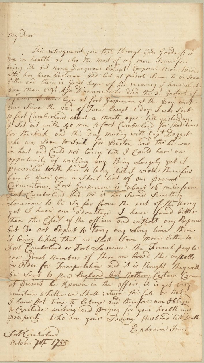 Brief an Allice Jones, Concord, Massachusetts, 7. Oktober 1755 von Ephraim Jones