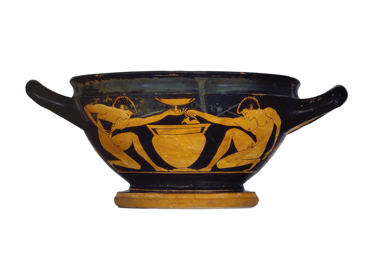 Attische rotfigurige Kylix-Skyphos, verziert mit zwei nackten Jugendlichen, die neben einem Säulenkrater knien, ca. 520-500 v. Chr. von Epiktetos