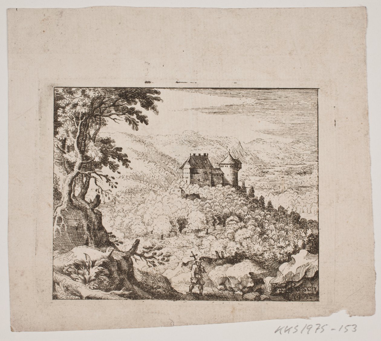 Bergige Landschaft mit einer Burg und einem Wanderer von Erasmus Sigismund Resch