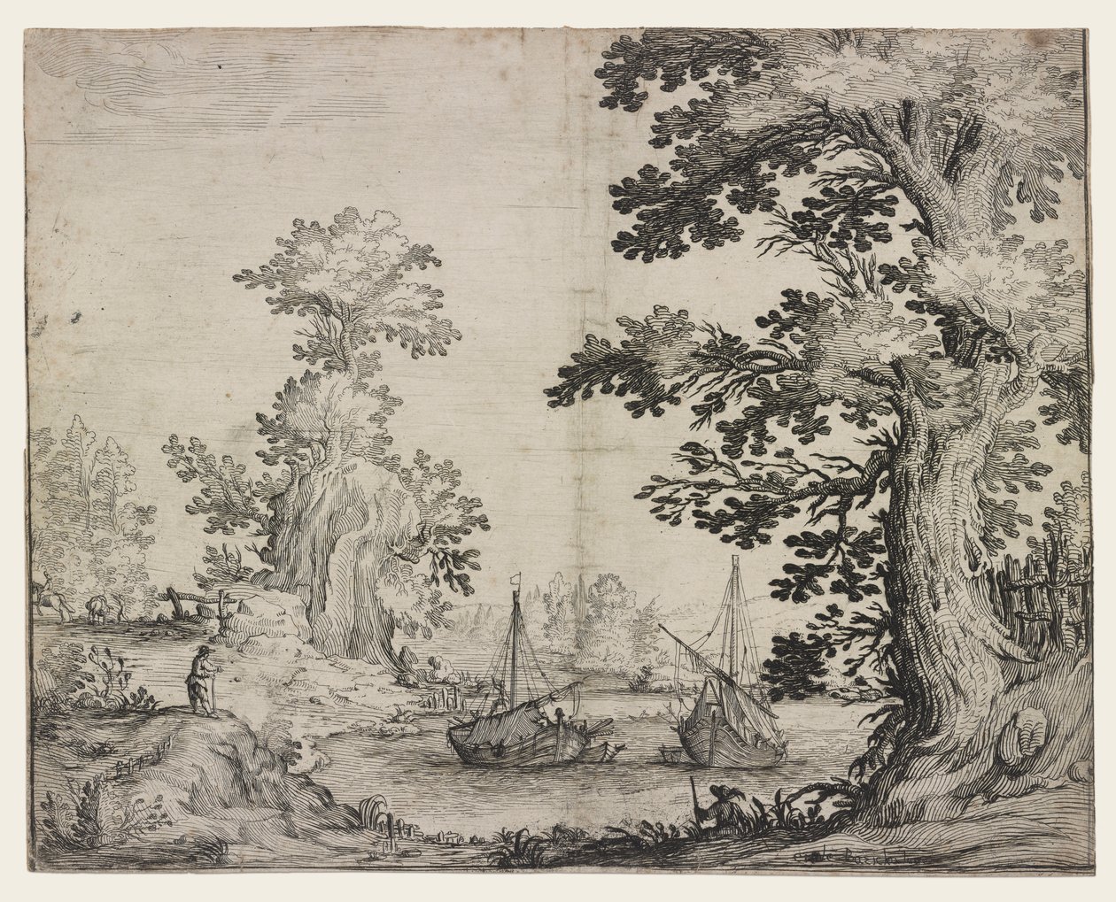 Landschaft mit einem Fluss zwischen Bäumen und Hügeln, zwei Schiffe in der Mitte von Ercole Bazzicaluva
