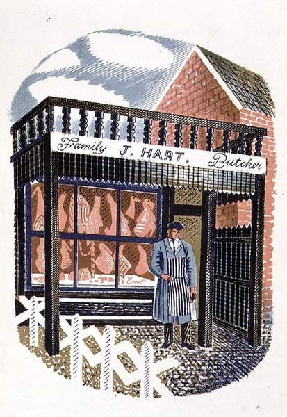 Der Metzgerladen, gedruckt von der Curwen Press, aus High Street, von J.M. Richards, veröffentlicht von Country Life, 1938 (Satz von 24) von Eric Ravilious