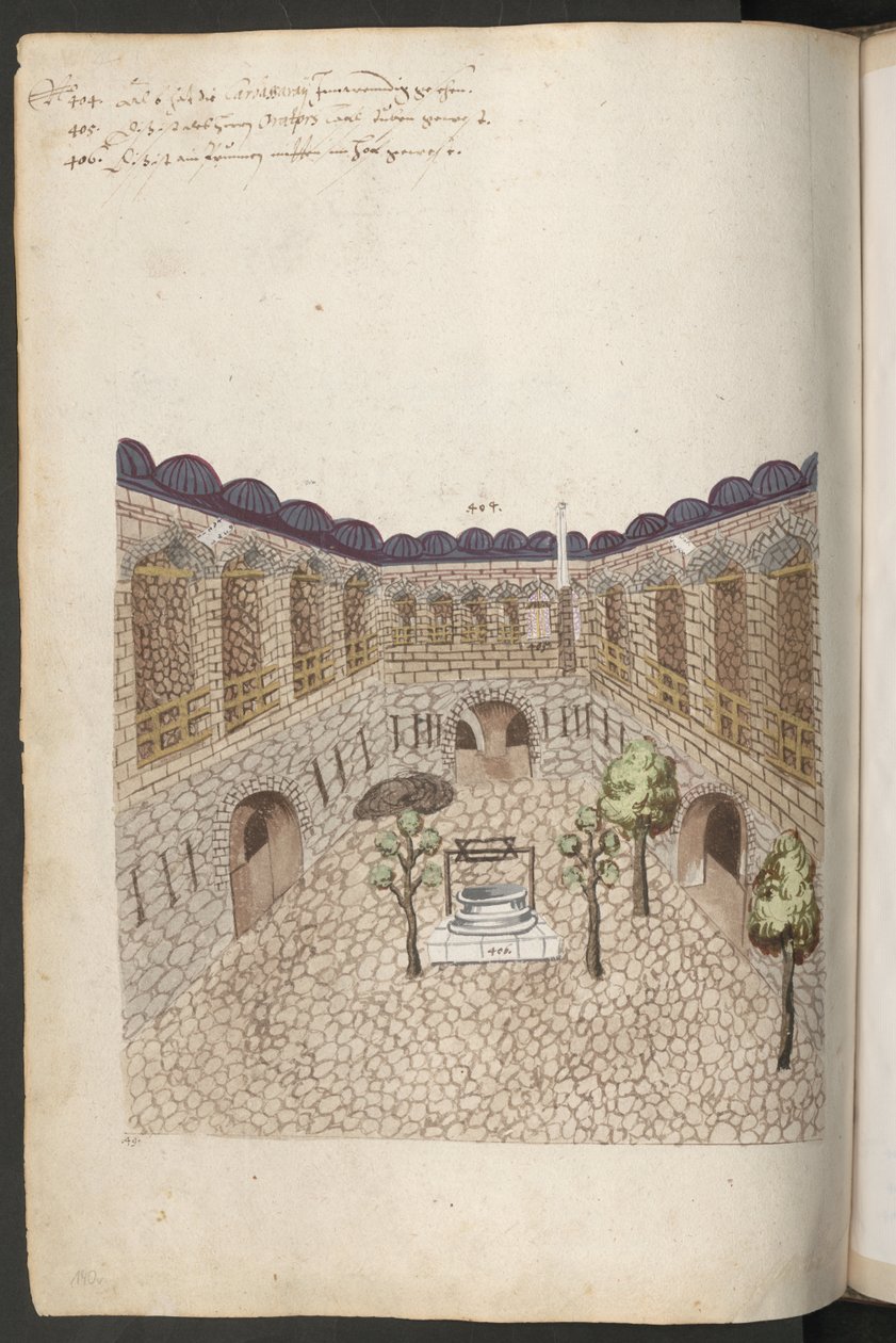 Gebäude in Konstantinopel: Innenhof eines großen Karawansereis mit Bäumen, einem Brunnen und Seiteneingängen zu den Ställen von Erich Lessing