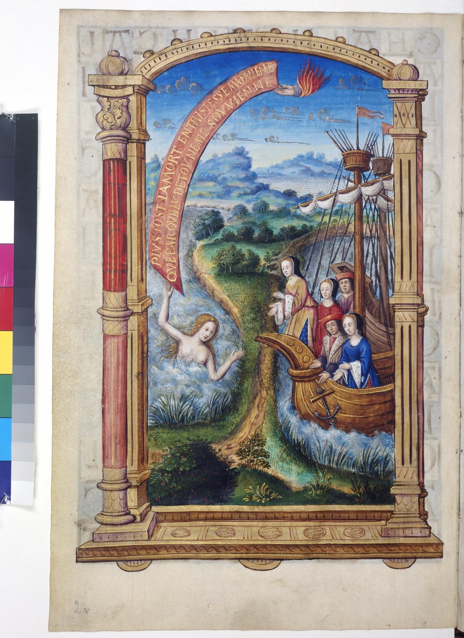 Vollseite: Miniatur in architektonischem Rahmen: Zwei Schiffe mit Margarete von Österreich und anderen Figuren in weiter Landschaft, um 1504 von Erich Lessing