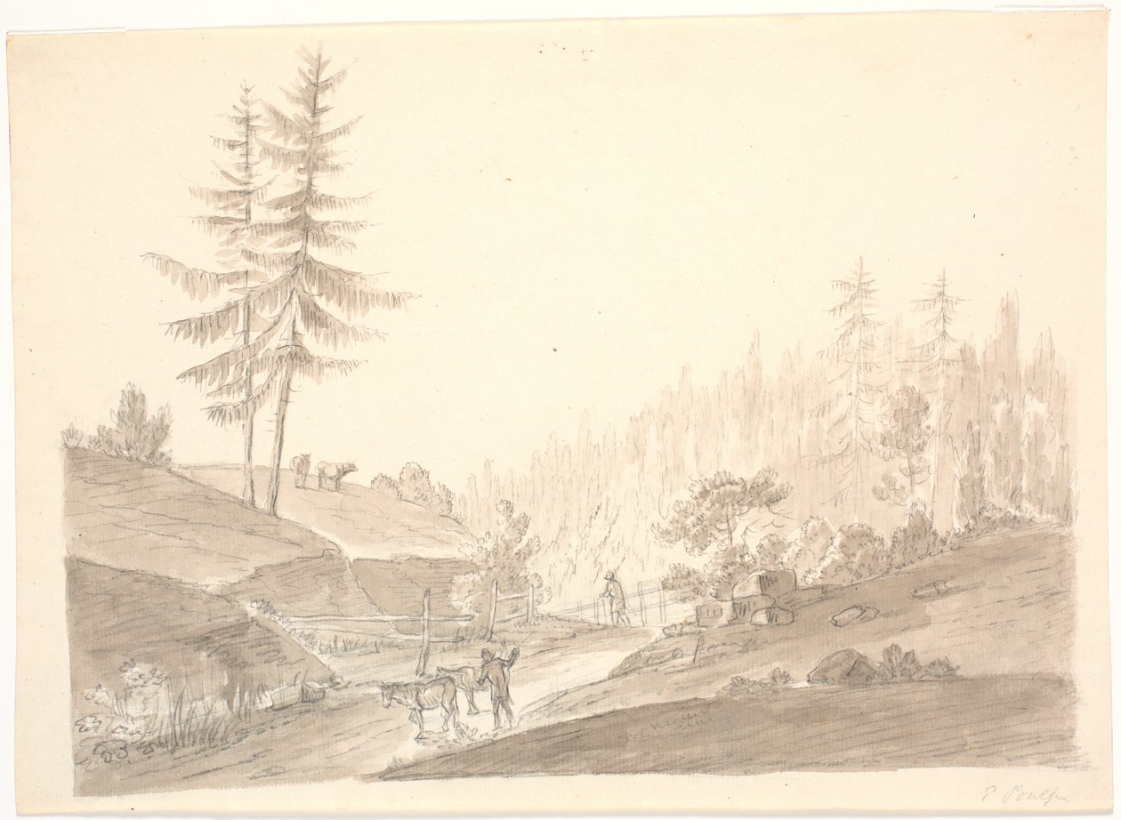 Norwegische Berglandschaft mit Vieh und zwei Männern von Erik Pauelsen
