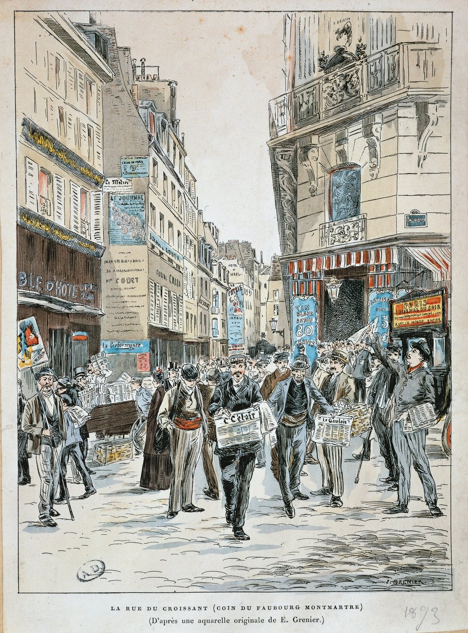 Frankreich, Paris, Zeitungsverkäufer in der Rue du Croissant an der Ecke der Rue du Faubourg Montmartre in Paris von Ernest Grenier, Druck aus Aquarell von Ernest (after) Grenier