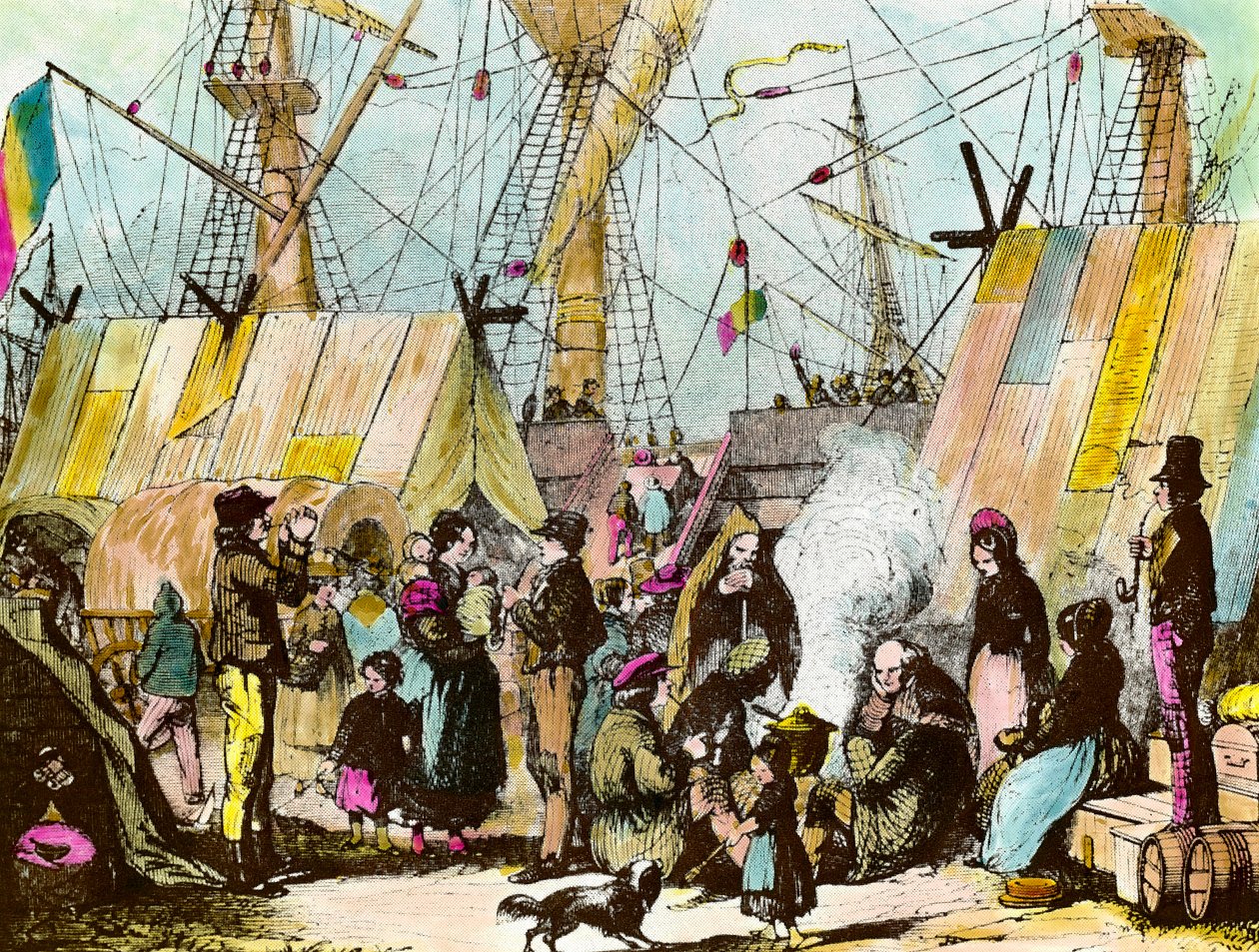 Familien von Auswanderern, die im Hafen von Le Havre kampieren. Gravur von Ernest Charton (1813-1905) von Ernest Charton