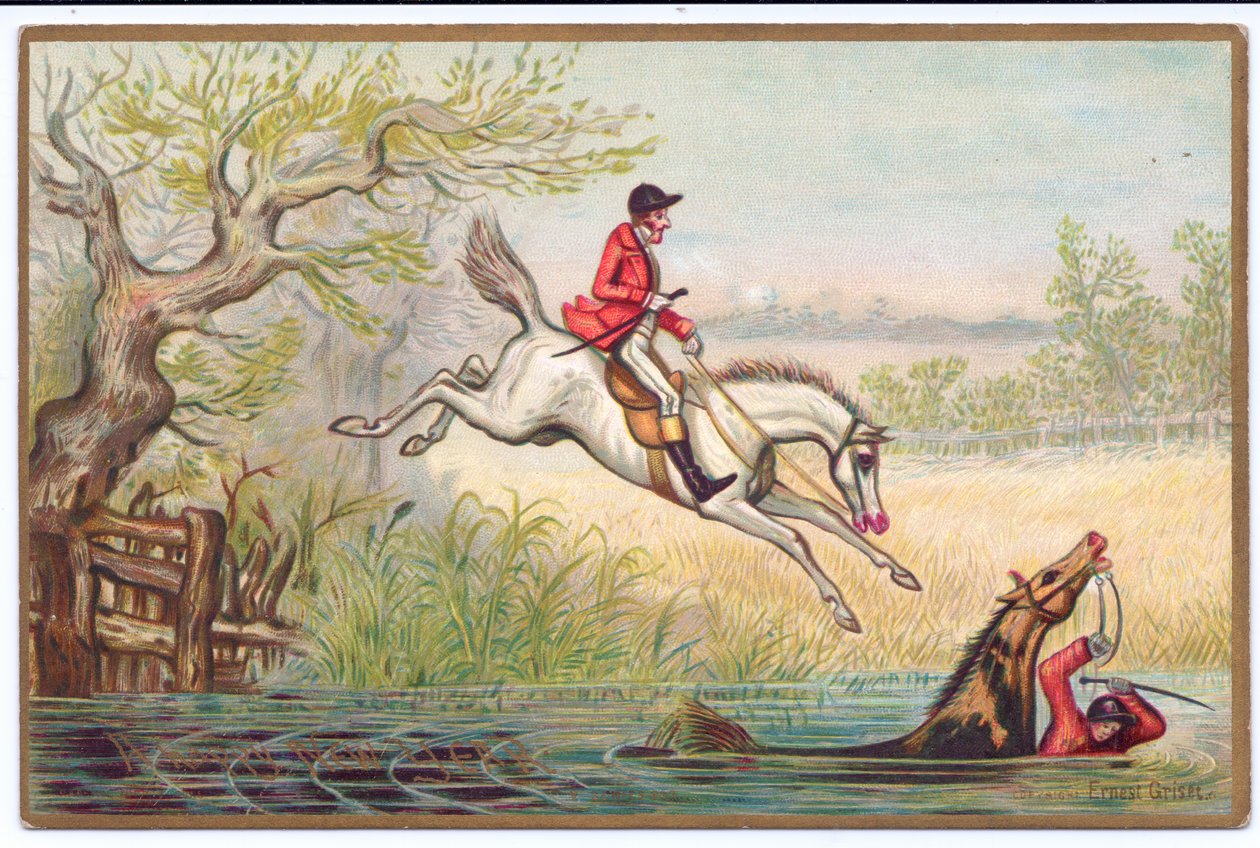 Viktorianische Neujahrskarte von einer Fuchsjagd mit einem Jäger und seinem Pferd, die in den Fluss fallen, ca. 1880 von Ernest Henry Griset