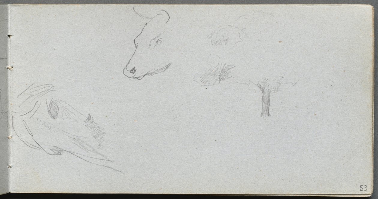 Skizzenbuch, Seite 53: Tierstudien und Baumstudie von Jean Louis Ernest Meissonier