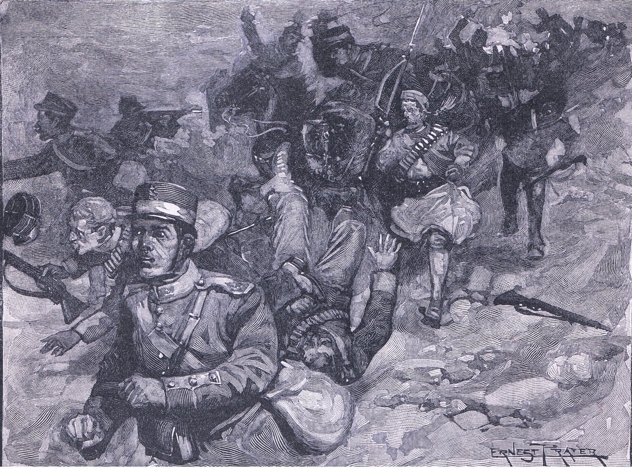 Flucht der Griechen bei Larissa, Illustration aus Cassells Geschichte Englands, 1900er Jahre von Ernest Prater