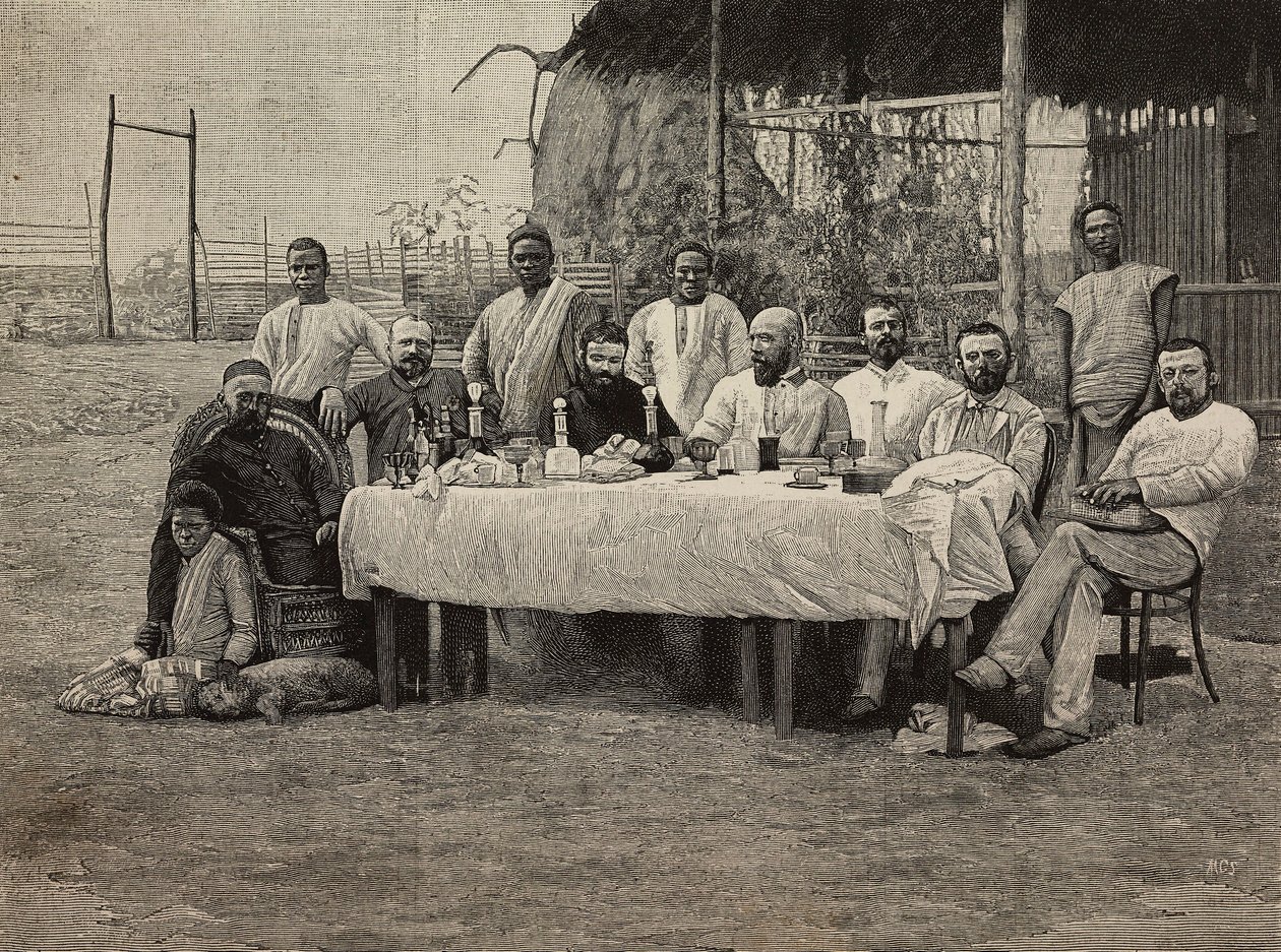 Anti-Sklaverei-Gesellschaftsbankett im italienischen Konsulat in Boma, Demokratische Republik Kongo, Gravur von Ernesto Mancastropa nach einem Foto von Giuseppe Corona, aus L